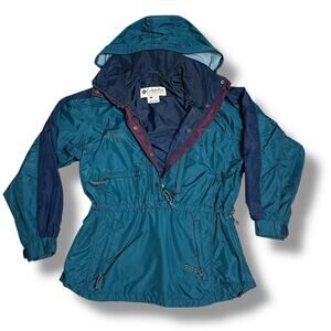 Vintage 90s Columbia Hooded Half Zip Long Anorak Blue Colorblock Jacket Sz L